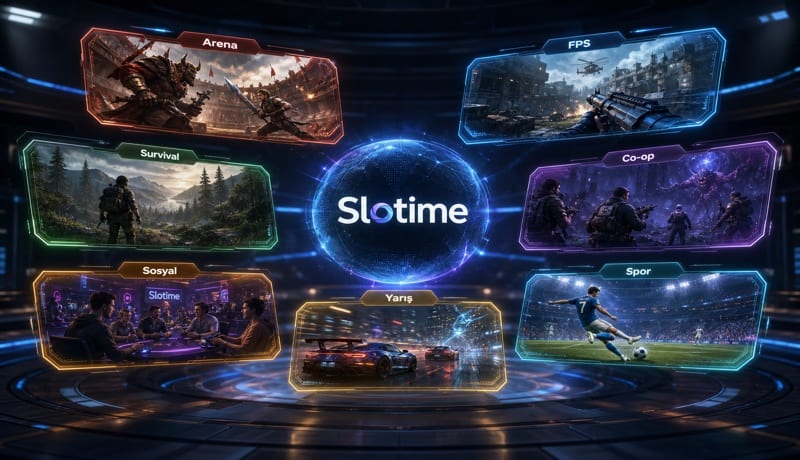 Slotime oyun kategorileri genel görünümü - FPS, kooperatif, arena, yarış